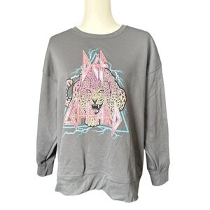 Def Leppard Graphic Sweatshirt Gray Pink Leopard Rock Band Fleece Medium‎ 8-10